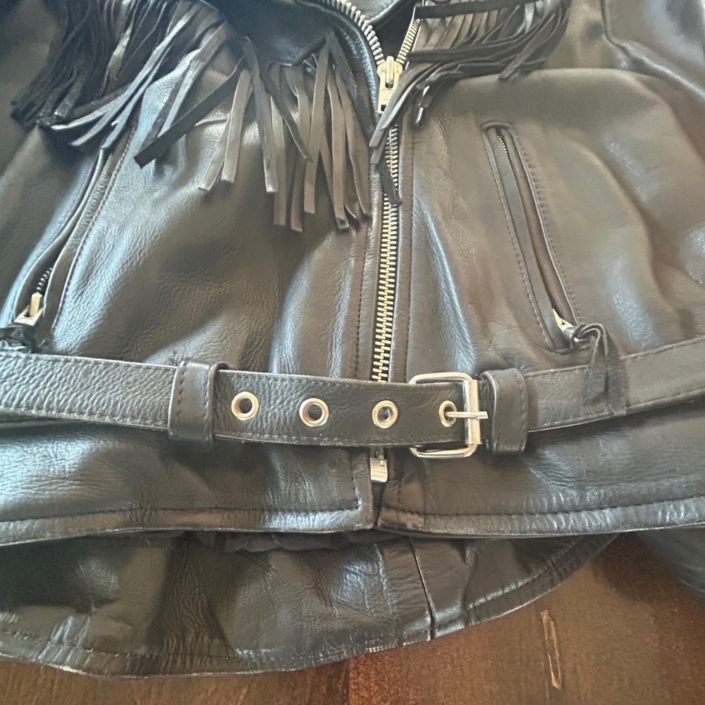 Vintage 90s First Genuine Leather Fringe Biker Jacket Black Western Moto Belted - Picture 2 of 8